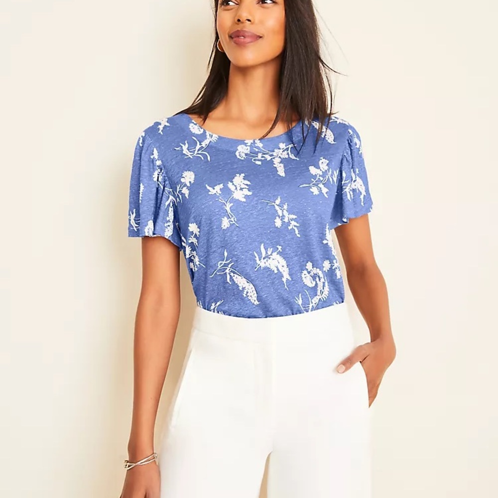 Ann Taylor Floral Flutter Sleeve Linen Tee